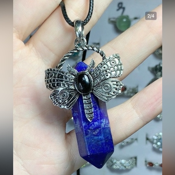Jewelry - Lapis lazuli crystal point pendant necklace with butterfly bail